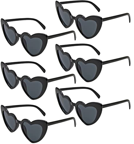 ANLIOTO 6 Stück Herz Sonnenbrille für Damen, Vintage Herzform Brille 90er Jahre Hippie Brille Kostümzubehör für Urlaub, Party, Hochzeit, Karneval, Halloween, Weihnachten (Schwarz)