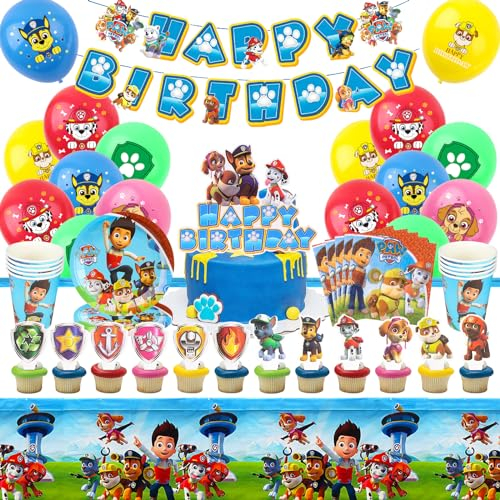 GUBOOM Vaisselle Anniversaire Pat Patrouille, 77 Pcs Décoration Anniversaire Pat Patrouille, Inclure Pat Patrouille Ballons, Nappe, Assiette, Tasse, Serviettes, Bannière