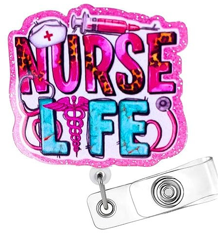 Nurse Life Badge Reel for Nurse, Nurses & Nursing; Bling Glitter Cute Pink Western ID Holder Name Tag Clips Retractable ER Medical Assistant School Student with Alligator Clip Gift Gifts Accessories