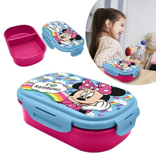 Minnie Mouse Lunchbox mit Göffel | Zwei Fächer | BPA-freie Kunststoff-Snackbox | Lebensmittelaufbewahrungsbehälter | Reise-Lunchbox für Kinder ab 3 Jahren | Größe – 20 cm