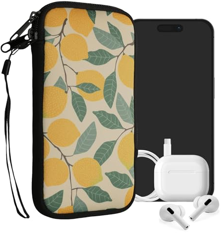 kwmobile Handytasche für Smartphones XL - 6,7/6,8 - Neopren Handy Tasche Hülle Cover Case Schutzhülle - Zitronen mit Blätter Gelb Grün Beige - 17,2 x 8,4 cm Innenmaße