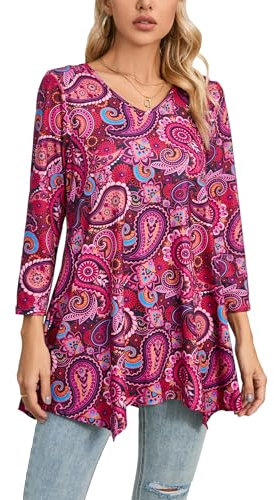Enmain Women's Tunic Tops Long Sleeve V Neck Ladies 3/4 Sleeve Tunics for Leggings Casual Patterned Longline Hankie Hem T Shirt Blouse Swing Top,Hot Pink,L
