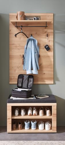 Lomadox Garderoben-Set mit Schuhbank und Garderobenpaneel in braun | Flurgarderobe aus Esche massiv im Modernen Stil