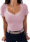 TrendiMax Damen T-Shirt Herzausschnitt Kurzarm Sommer Shirt Gerippt Slim Fit Oberteile Casual Bluse Tops (M, Rosa)