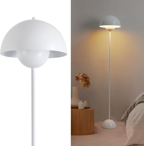 Lámpara de Pie Blanca de Aluminio con Pantalla de Forma Parabólica Abovedada: Estilo Clásico, Moderno y Nórdico, Ideal para Salón y Comedor con Casquillo E27