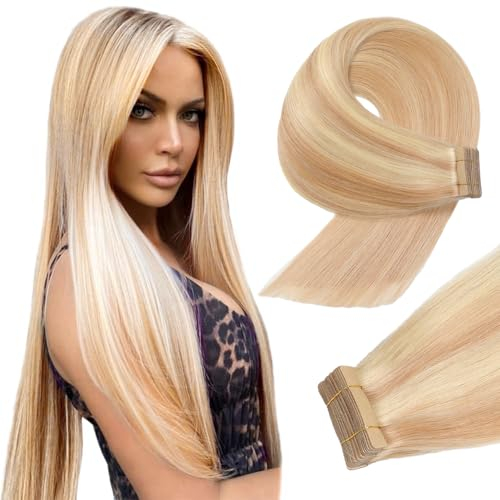 YDDM Tape In Extensions Echthaar 20pcs 55cm 50g Aschblond mit Bleichblond Invisible Tape Extensions Echthaar Extensions Tape Extensions Echthaar Skin Weft Haarverlängerung(22Zoll,18/613#)