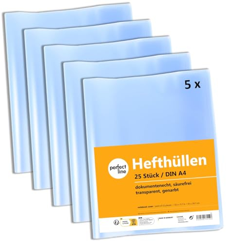 perfect line 125 Hefthüllen DIN-A4 transparent, Heftumschlag durchsichtig & genarbt, Heftschoner aus recyclebarem PP (5 x 25 (125 Stk.))