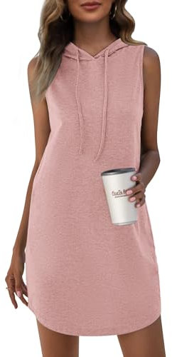 WNEEDU Sommerkleid Damen Mini Sweatshirtkleid Kordelzug Ärmellos Kleid mit Kapuze Rosa S
