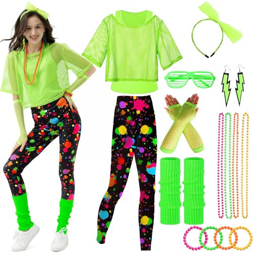 Ulikey 80er 90er Jahre Outfit Damen, Kostüm 80er Jahre Damen Bunte Leggings, Aerobic Outfit 80er Damen, 90er Neon Party Outfit Damen Zubehör Set mit Gläser, Halskette (Grün Schwarz, M)