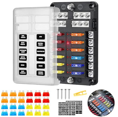HOISGEAR Boîte à Fusibles 12 Voies ATC/ATO 12V/24V, Bloc DC 100A avec 24pcs Fusibles et Indicateur LED, Couverture de Protection pour Véhicule