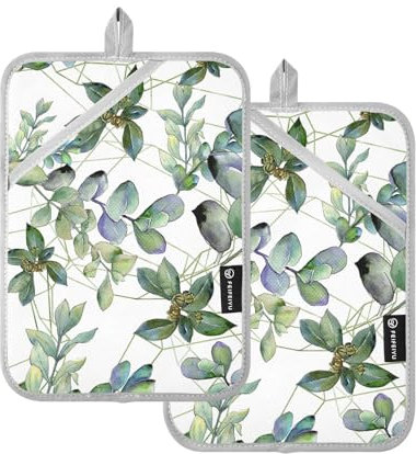 Confezione da 2 presine per forno da cucina, presine per cucina, set di cuscinetti caldi con tasca, resistenti al calore, foglie di bosso stile acquerello