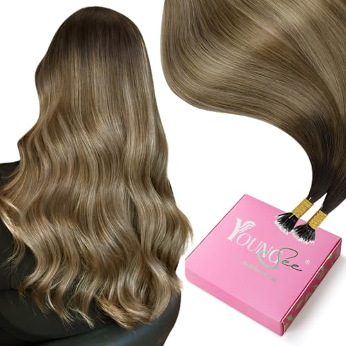 YoungSee Nano Hair Extensions Brown 24inch 50g Real Nano Ring Hair Extensions Balayage Dark Brown with Blonde Nano Bead Remy Hair Extension for Women Long Straight Soft 50s