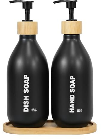 ILIKEPOW 500ml Seifenspender Set, Schwarz Matt Spülmittelspendermit Bambus Pump et Tablett, Handseifen, Spülmittel, Lotion & Shampoo Spender, Nachhaltig für Küche, Bad & Dusche