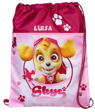 Turnbeutel Paw Patrol Skye Mädchen - Personalisiert mit Namen - Bedruckter Schuhbeutel Fernsehserie Kinder - Rucksack zum Zuziehen rosa