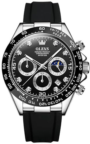 OLEVS Herren Uhren Chronograph Multifunktions Sport Silikon Luxus Diamant Mondphase Quarz Männliche Uhr Wasserdicht Armbanduhr, 2875: schwarzes Armband und schwarzes Zifferblatt, Armband