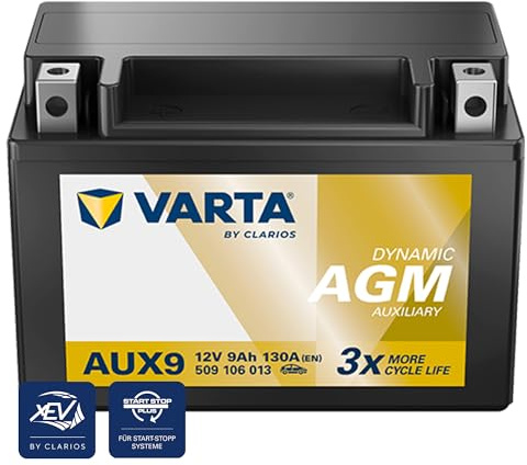 VARTA Automotive DYNAMIC AGM Auxiliary (AUX9) 12V 9Ah 130A - Stützbatterie Nassbatterie für KFZ - Zusätzliche Starterbatterie für Autos mit hohem Energiebedarf - Wartungsfreie Bleisäurebatterie