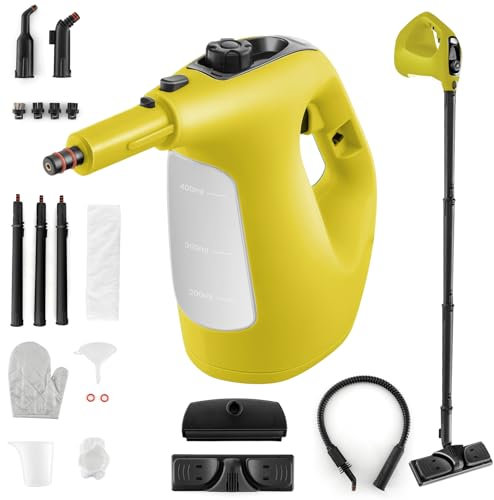SOARS Dampfreiniger mit 14 Zubehör, Dampfdruck: 2 bar, Max. 125 ℃, Aufheizzeit: 1 min., Leistung: 1500 W, Tank: 400ML, Handdampfreiniger für Teppiche, Boden, Fenster (Gelb)