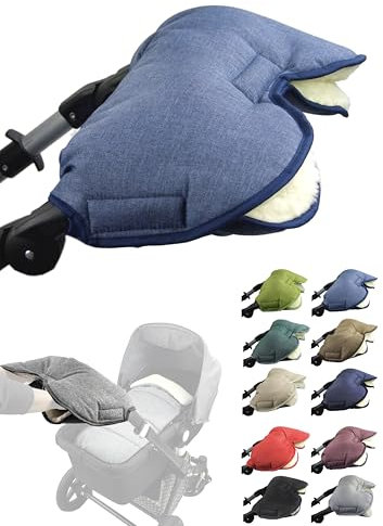 BAMBINIWELT Handmuff mit Lammwolle – warmer Handwärmer für Kinderwagen, Buggy & Radanhänger – wasserfest, winddicht & waschbar – für Winterspaziergänge (meliert blau)