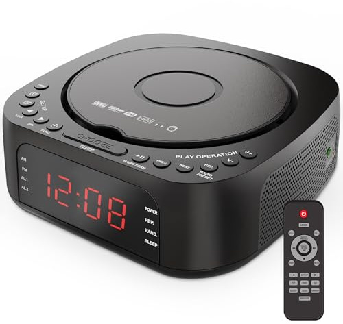 KUEPHOM CD-Player-Wecker mit Fernbedienung: CD/MP3, Bluetooth, FM-Radio mit Lautsprechern, USB-Ladegerät und dimmbarem Display für Schlafzimmer, Dual-Alarm mit optionalem Ton, geeignet für schwere