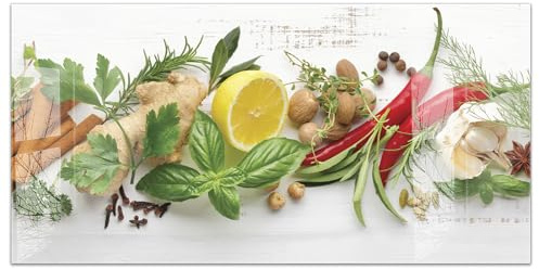 timalo Küchenbild aus Acrylglas modernes Wandbild Glasbild Deko Küche XXL Bild wie Glas | 120x60cm Kräuter Zitrone Vintage, Shabby, Chilli, Chillischote, Basilikum, Gewürze