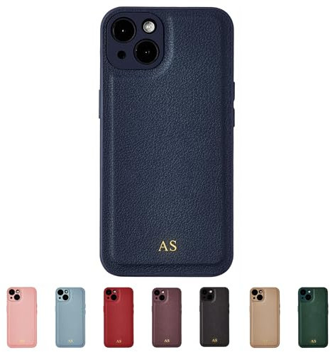 Tirita Personalised Leather Phone Case for iPhone 13 – Leather Navy Blue Case or Cover With Custom Initials – Personalised Gift for Women or Men [11. Navy Blue - Gold Embossed Initials]