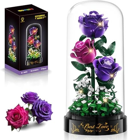 HiWEEGO Blumen Rosen Bausatz mit LED Licht und Abdeckung – 319 Teile Rosenstrauß Botanische Künstliche Blumenstrauß Baustein Spielzeug für Heim Dekor Geburtstagsgeschenk für Erwachsene Mädchen (Lila)