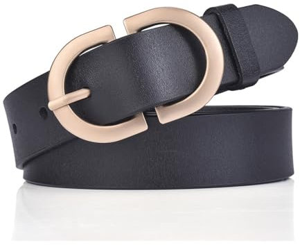 BODOBTF Damen-Ledergürtel, goldene Schnalle aus Legierung, natürliches Rindsleder, Damen-Jeansgürtel, Hosengürtel, weiblich, Schwarz , 110 cm