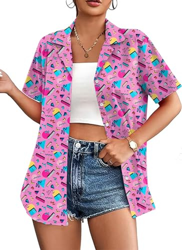 Hawaii Shirt Damen Vintage 90Er Hemd LäSsiges Retro 80Er Nostalgie Shirts Bluse Oberteile (Mehrfarbig10,L)
