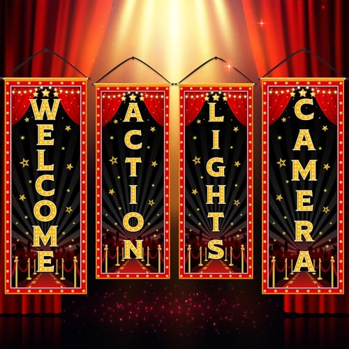 Panelee 4 Pcs Movie Night Porch Banner Movie Themed Party Decorations Theater Welcome Lights Camera Action Front Door Sign Hanging Decoration for Home Photo Film Booth Backdrop Party Supplies
