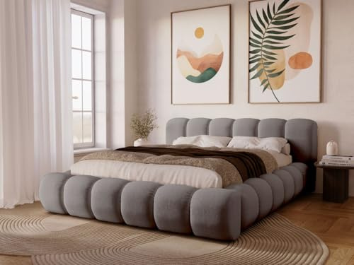 GRAINGOLD Doria Bett 140x200, Polsterbett mit Bettkasten, Polsterbett mit Stauraum, Velour, mit Lattenrost, mit Kopfteil, ohne Matratze (Grau, 140x200)