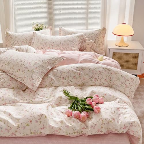 Freyamy Housse de Couette Fleurie 200x200+2 Taie d'oreiller 65x65 Beige Rose Vert Feuilles Floral Parure de lit 2 Personnes Adulte Fleurs Sets de Housse Couette en Microfibre avec Fermeture Éclair