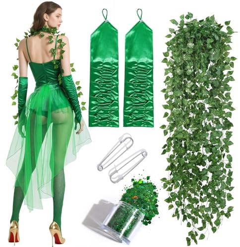 Mprocen 6PCS Halloween Ivy Adult Women Glamorous Accessories Set Includes Ivy Green Tulle Skirt with Vine Pattern and Sequined Gloves Halloween Women Costume Party Cosplay Outfit