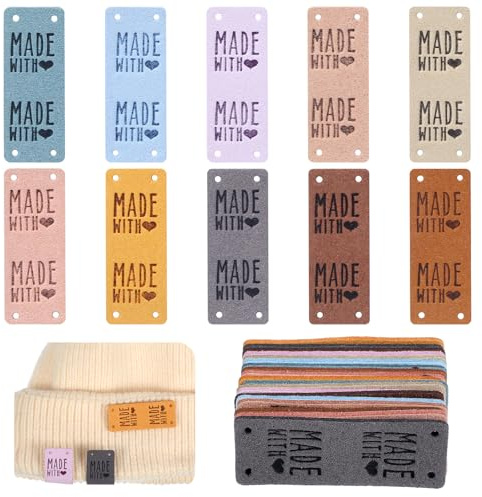 DSLSQD Handmade Label zum Annähen - 50 Stück Handgefertigte Etiketten aus PU Leder für Handarbeit, Labels zum Annähen, DIY Projekte, Kleidung, Taschen, Hüte