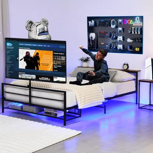Gustonhon Metal Full Size Gaming Bed Frame, Gamer Frames Underneath with Desk Storage, Headboard with LED Light Rotating Disassembled TV Mount Charging Station Platform Bed, Easy to Assemble (Full)