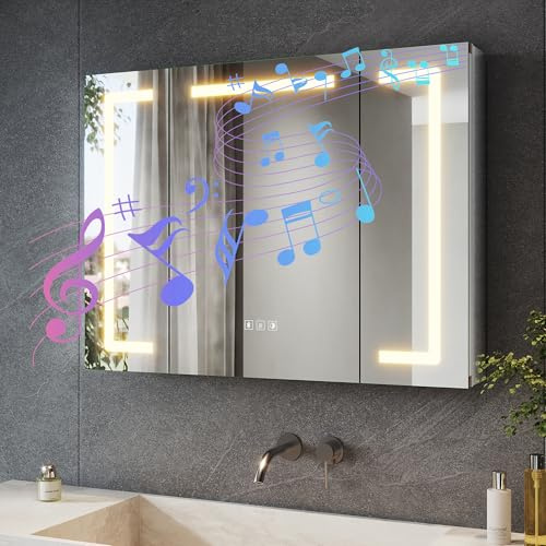 SONNI LED Bad-Spiegelschrank 80x60 cm Aluminium mit Bluetooth & Steckdose | 3 Türen mit viel Stauraum, Anti-Beschlag, 3 Lichtfarben, dimmbar, mit Memory, IP44 – Hervorragend für Ihre Badrenovierung