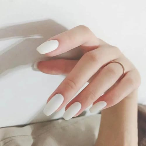 Xonojun 24 Pcs Faux Ongles Blanc Pur Mat French Ballet, | Kit Faux Ongles Artificiels Coffin Long | Press-on Nails avec Colle Pose Facile | Idée Cadeau Noël Mariage Anniversaire