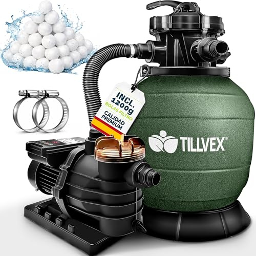tillvex® Sandfilteranlage Pool mit Timer 13.200L/h + 1200g Filterbälle | Filteranlage bis 40.000L inkl. 7-Wege Ventil & 2in1 Adapter Ø32 - 38mm | Poolfilter mit Pumpe | Sandfilter Selbstansaugend