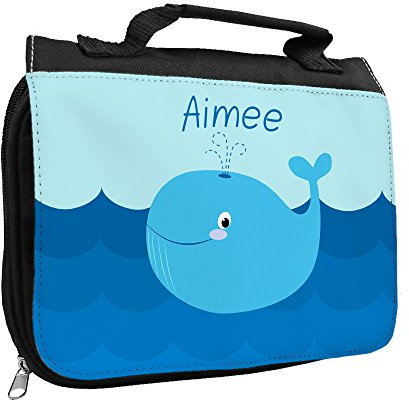Kulturbeutel mit Namen Aimee und schönem Wal-Motiv für Mädchen | Kulturtasche mit Vornamen | Waschtasche für Kinder