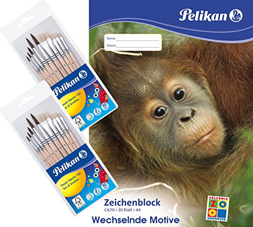 Pelikan Zeichenblock A3 mit Tiermotiven (sortiert - keine Motivwahl möglich), 100 g/m², 20 Blatt - Kombi-Set (4 x A3 Zeichenblock + 2 x 10er Pinsel-Set)
