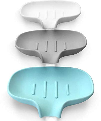 Awopee Lot de 3 porte-savon en silicone avec drainage, porte-savon pour douche/salle de bain, auto-drainant pour garder le savon sec propre (gris + blanc + vert)