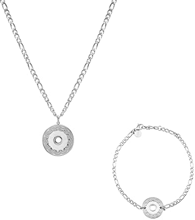 LUUK LIFESTYLE Feminines Schmuckset aus Edelstahl, Halskette und Armband mit Coin | Kreis Anhänger, Blume Motiv, mit Schmuckbox, stylish Vintage Stil, Geschenkidee für Frauen, Modeaccessoire, Silber