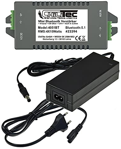 ChiliTec Bluetooth Verstärker 4-Kanal 4X 15Watt AUX IN Mini Einbau Endstufe mit 230V auf 12V= / 5A Netzteil Audio Musik Streaming von Smartphone, Tablet