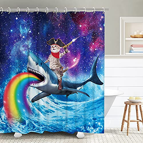 RosieLily Rideau de douche rigolo amusant avec 12 crochets, imperméable et frais, rideau de douche décoratif, motif chat, baleine, requin, 183 x 198 cm