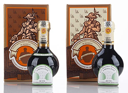 Acetaia Gambigliani Zoccoli - Duo de Vinaigre Balsamique Traditionnel de Modène D.O.P. 2 flacons de 100 ml d'ABTM minimum 12 ans et plus de 25 ans de vieillissement
