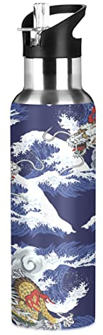 Dragon Japonais Roi Des Vagues De La Mer Bouteille d'eau Isotherme avec Paille en Acier Inoxydable Gourde 600ML, Sans Bpa Gourdes Eau pour Enfant Sport Randonnée École Bureau