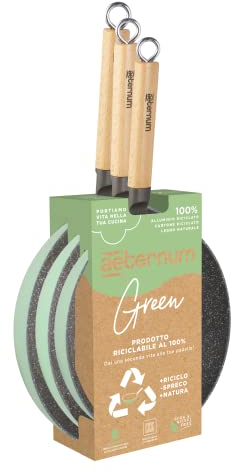 Aeternum Green Induction Wood, Due Padelle Antiaderenti, Adatto a Induzione, Manici in Legno di Faggio, Diametro 20cm - 24cm - 28cm, 100% materiali riciclabili, Verde