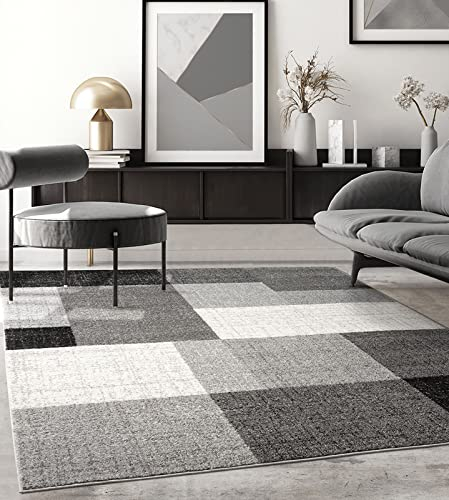 the carpet Pearl Moderner Dichter Kurzflor Wohnzimmer Schlafzimmer Teppich, Konturenschnitt, Geometrische Muster, Kariert, Grau, 240 x 330 cm