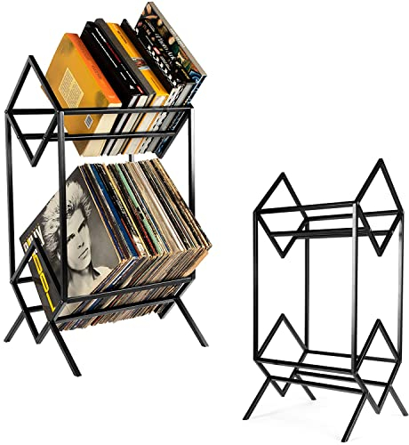 ybaymy Vinyl Record Storage Rack 2-Tier 160-200 LP Albums Storage Rack Shelf Metal Home Vinyl Records Display Shelf Organizer for Book, Magazine, Albums, Files (Matte Black)