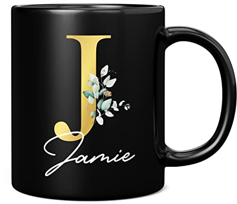 Personalised Letter J Floral Mug Initial with Name, Customised Gift, Gold Effect Printed Letter, NOT Metallic - Ceramic Coffee Cup for Men or Women, Extra Large and Giant Mug, 11oz Black Mug