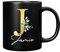 Personalised Letter J Floral Mug Initial with Name, Customised Gift, Gold Effect Printed Letter, NOT Metallic - Ceramic Coffee Cup for Men or Women, Extra Large and Giant Mug, 11oz Black Mug